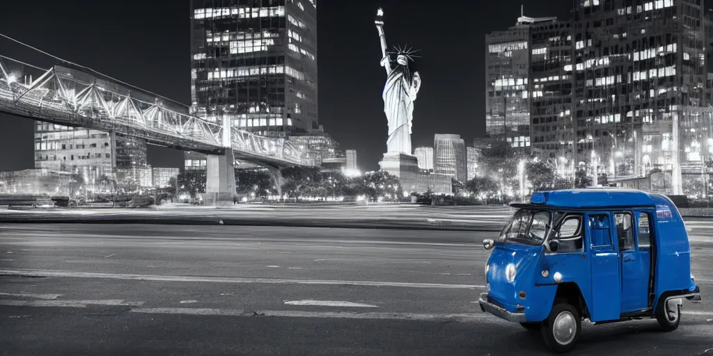 Image similar to a lonely blue tuk tuk with the statue of liberty in the background, night