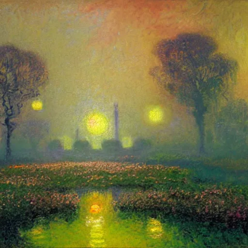 Prompt: mystical kew gardens, mist, full moon, by paul lehr, monet