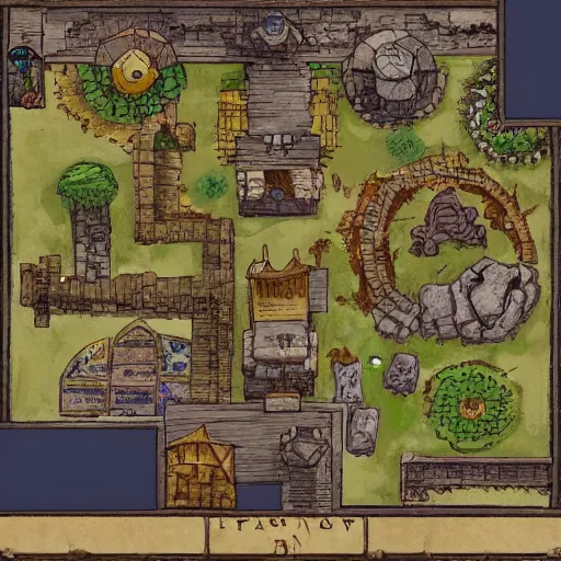 Image similar to An detailed aerial view of a cartoonish tavern by dungeondraft, contaning tables and walls, dnd map , map patreon, fantasy maps, foundry vtt, fantasy grounds, aerial view ,dungeondraft , tabletop, inkarnate, dugeondraft, roll20
