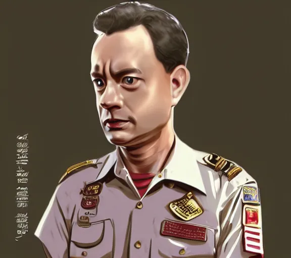 Prompt: Tom hanks as forrest gump wearing a shrimp necklace, realistic face, digital art, in the style of Taeyoung Choi, amazing detail, artstation