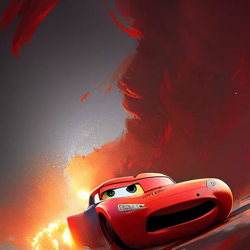 Image similar to lightning mcqueen crash in heavily by greg rutkowski