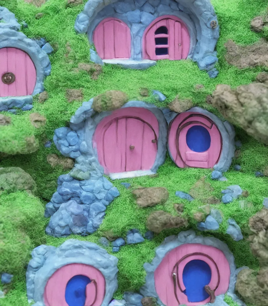 Prompt: a small pink and blue studio ghibli hobbit house, minimal details, realistic windows, 3 5 mm photography