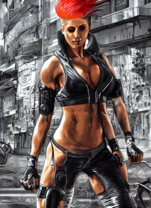 Image similar to a portrait of a female fitness model biker in a cyberpunk city art by Simon Bisley, Martin Emond, highly detailed artstation character concept art, full length character, sharp focus