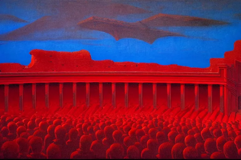 Image similar to only with red, a red melted emperor, taormina amphitheatre, crowd hails him, in the style of beksinski, parts by edward hopper, parts by rodcenko, parts by yue minjun, intricate and epic composition, red by caravaggio, insanely quality, highly detailed, masterpiece, red light, artstation, 4 k