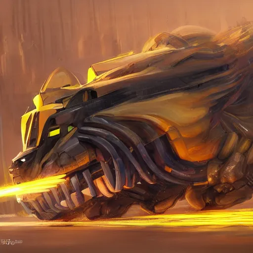 Image similar to Transformer hybrid of bus and wolf, having cabin if form of wolf head with big yellow eyes looking at us full of rage and long body of bus with wheels and windows, mechanical form of life, oil on canvas, fantasy, magic, dream, digital painting, concept art, smooth, sharp focus, illustration, artstation trending, octane render, unreal engine, Ghibli, anime style, cyberpunk