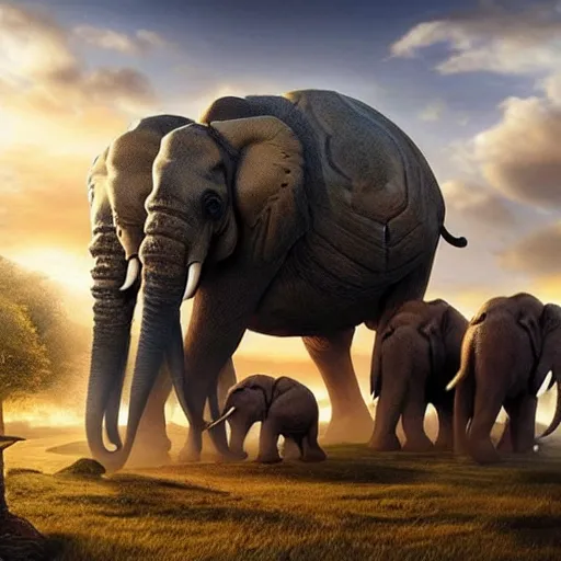 Image similar to Great A'Tuin the Giant Star Turtle carrying four giant elephants who carry the Discworld, epic fantasy art in hyper realistic photograph