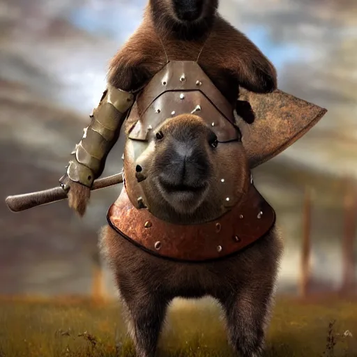 Image similar to anthropomorphic capybara warrior in full armor