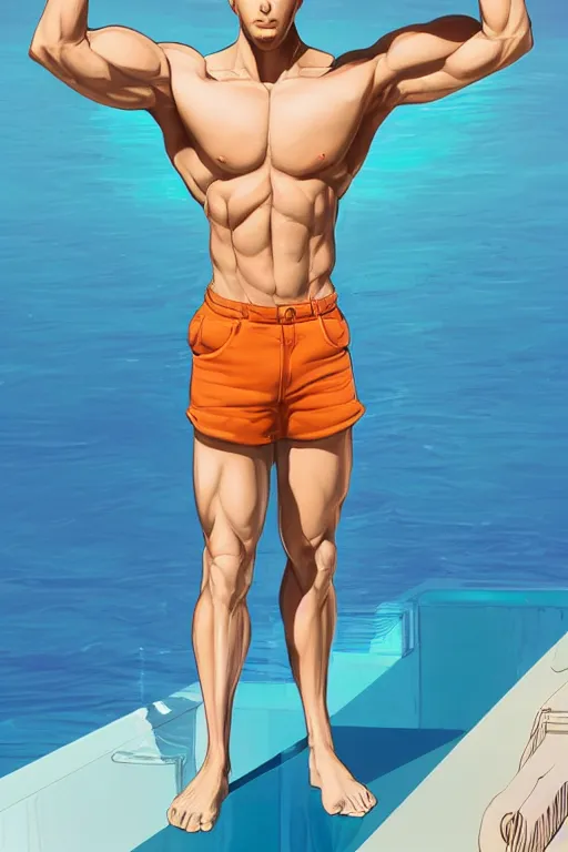 Image similar to a handsome man with blonde hair, ken doll, male android, muscular, wearing a cut-off white top and short light orange shorts, stands by a swimming pool, facing forward, in the style of artgerm and moebius and annie liebovitz, photorealistic, highly detailed, trending on artstation