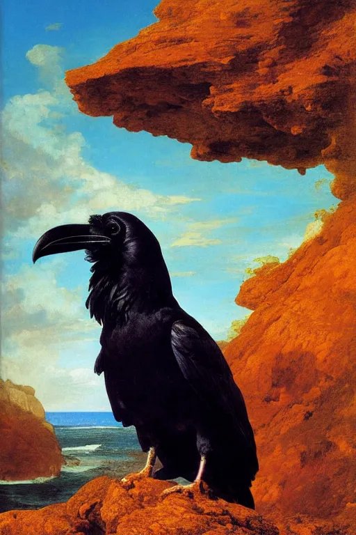 Image similar to a breathtakingly stunningly beautifully highly detailed extreme close up portrait of a raven under a rock arch, epic coves crashing waves plants, beautiful clear harmonious composition, dynamically shot, wonderful strikingly vivid orange beautiful dynamic sunset with epic clouds, detailed organic textures, by frederic leighton and rosetti and turner and eugene von guerard, 4 k