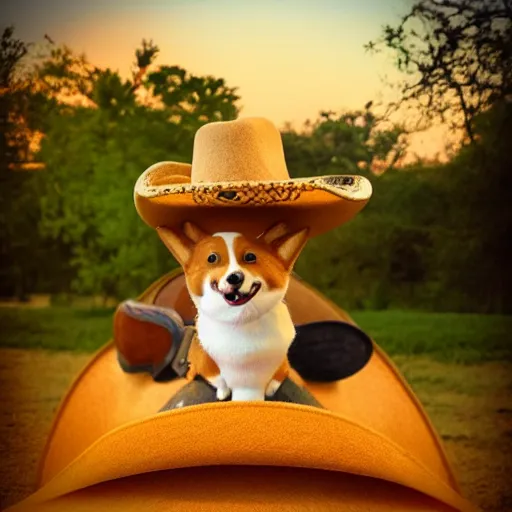 Image similar to cat in a cowboy hat riding a corgi, wild west, sunset