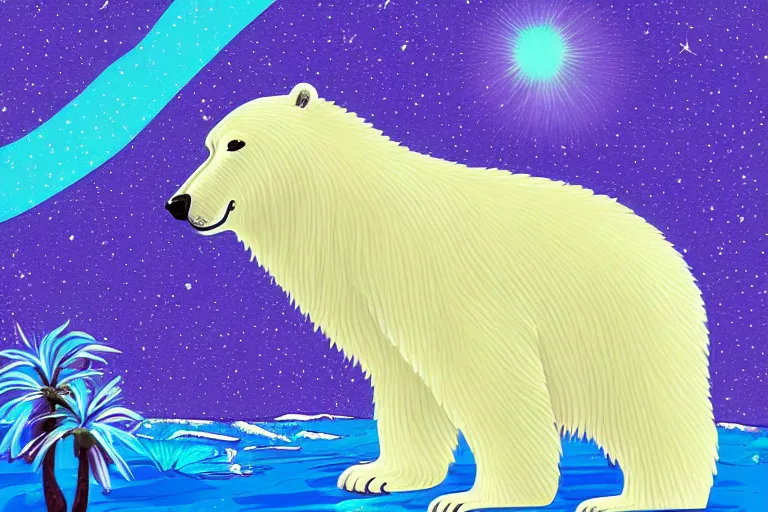 Image similar to a relaxed polar bear looking to the sky by lisa frank, digital art,