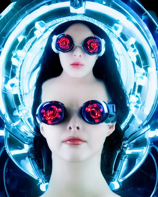Prompt: centered portrait of flirtatious young sabrina salerno as a solarpunk mecha humanoid robotic parts wearing crystal goggles with bright led lights, real human face, pudica gesture bouguereau style, in white room, ultra - realistic and intricate, soft portrait shot 8 k