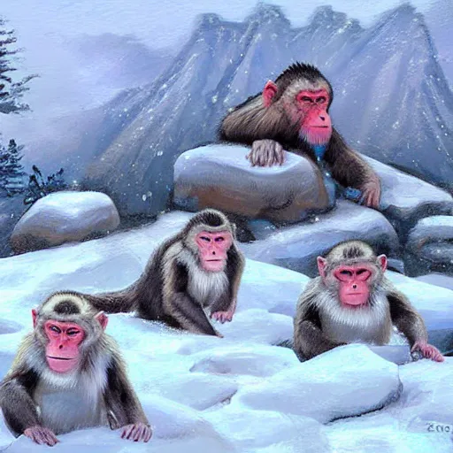 Image similar to snow monkeys at the mountain spa, digital art by Steve Henderson