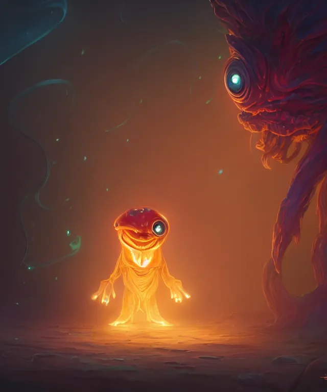 Image similar to a tiny creature with enormous eyes made of bioluminescence, fantasy, elegant, crisp 8 k line work, emissive lighting, digital painting, artstation, unreal engine, octane render, concept art, matte, sharp focus, illustration, art by james jean and justin gerard and josan gonzalez