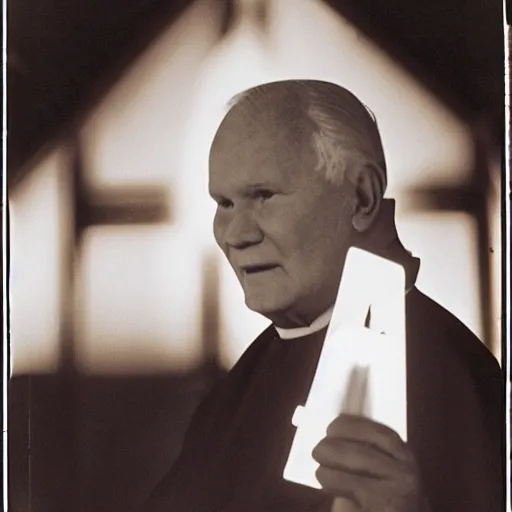 Prompt: photograph of john paul ii standing outside a small burning church with a glowing holy cross on its roof, night, black