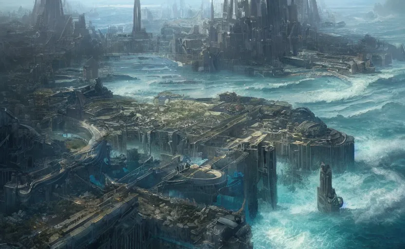 Prompt: The city of atlantis rising from the ocean, a fantasy digital painting by Greg Rutkowski and James Gurney, trending on Artstation, highly detailed, high resolution