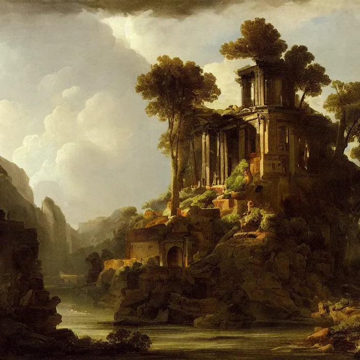 Image similar to a building in a landscape, by hubert robert