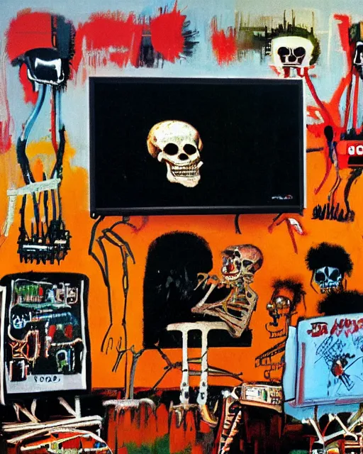 Image similar to oil neo expressionism painting of skull skeleton playing console video games infront of tv by basquiat and norman rockwell