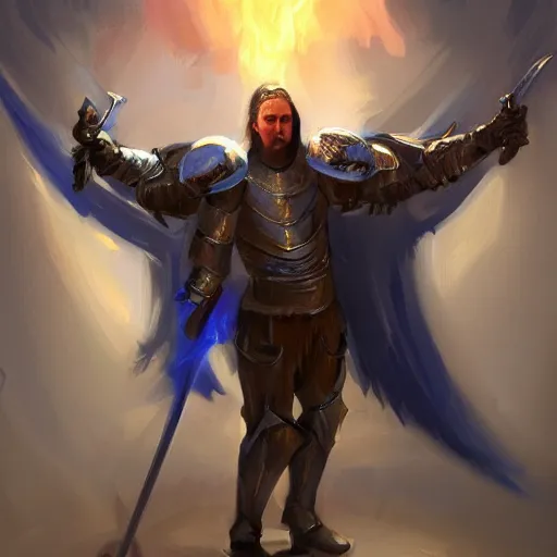 Image similar to a knight in a hall with an angel wing holding a sword of fire, digital oil painting, style of John singer Sargent, heroic, cinematic, indoor, warm lighting, godrays, concept art, highly detailed, trending on art station