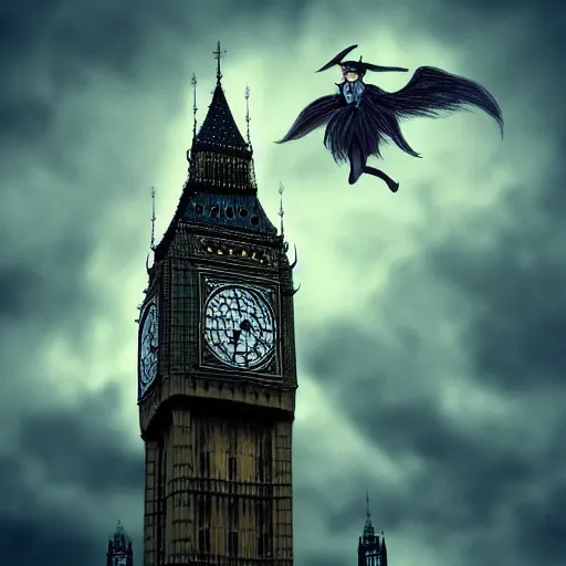 Prompt: A witch flying high in the sky above the tall buildings,the Big Ben is in background, top down perspective,gloomy lighting,creepy atmosphere,digital art , highly detailed , high contrast, beautiful lighting, award winning , trending on art station, 8k, photo realistic