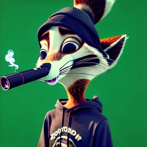 Image similar to a very relaxed stoner with a black hoodie on with a raccoon head from zootopia, wearing beanie, holding a small vape, blowing out smoke, 3 d render, extremely detailed fur, wearing a marijuana t - shirt