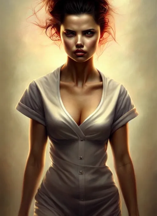 Image similar to a beautiful woman with nurse uniform, adriana lima, painted by artgerm and tom bagshaw, fantasy art, dramatic lighting, highly detailed oil painting