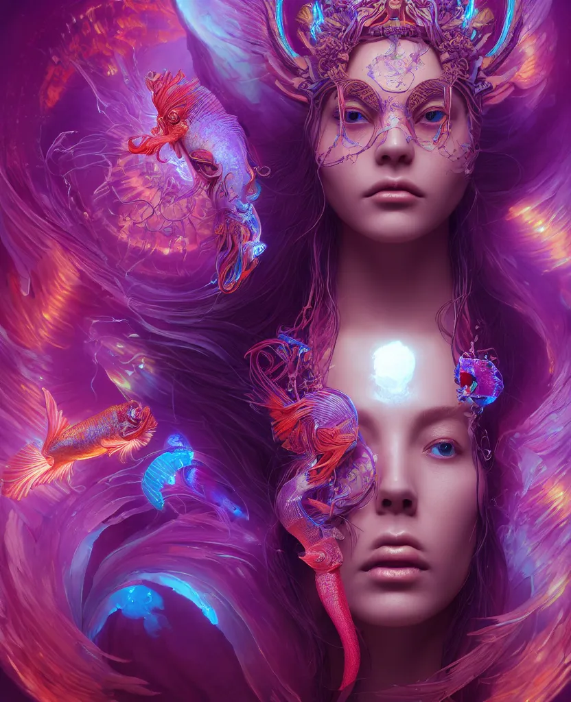 Image similar to goddess close-up portrait. orchid bird phoenix head, nautilus, skull, betta fish, bioluminiscent creatures, intricate artwork by Tooth Wu and wlop and beeple. octane render, trending on artstation, greg rutkowski very coherent symmetrical artwork. cinematic, hyper realism, high detail, octane render, 8k