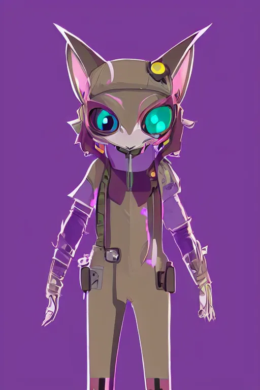 Image similar to a cute cyberpunk anthropomorphic fox with purple fur and yellow eyes and a fluffy tail, comic art, trending on furaffinity, cartoon, kawaii, backlighting, furry art!!!, cel shading, concept art, lineless