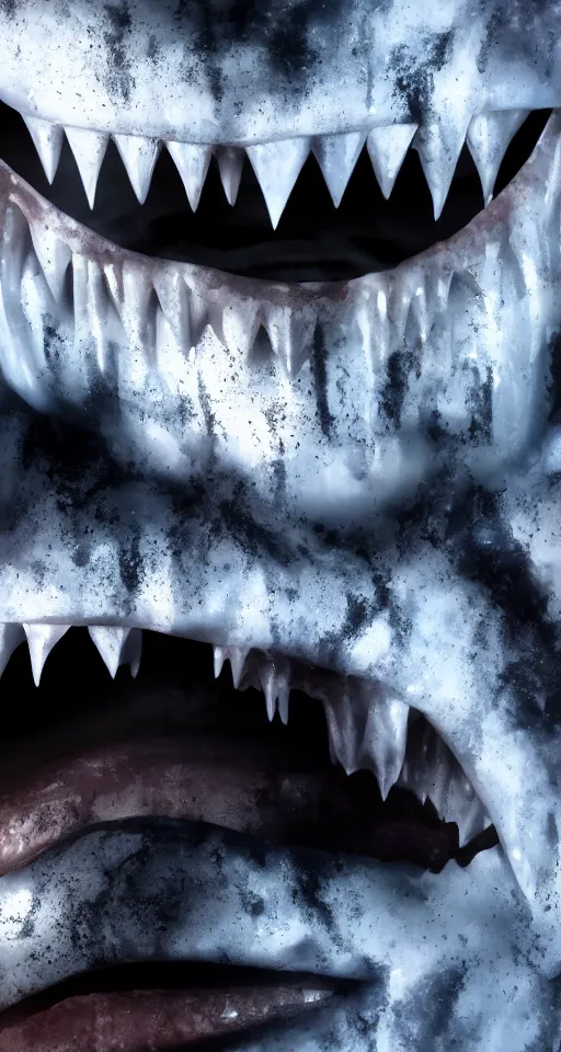 Image similar to up close shot of vampire fangs, winter, dark scenery, dark lighting, cinematic, cold freezing nights, laser lights, crybernetic, top floor boss shit, destroy lonely, black floor, lavish, luxurious, marble walls, cinematic, hyper realism, high detail, octane render, 8 k