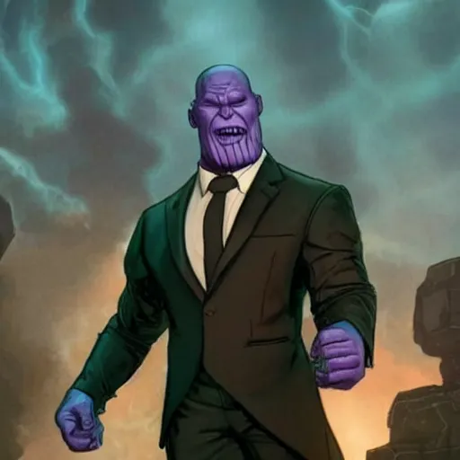 Image similar to thanos wearing a suit and tie