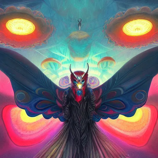 Image similar to A centered chest up portrait of a psychedelic godlike mothman with giant mandala wings smoking a hand-rolled cigarette smoking heavily , magic mushroom village in background , award winning. superb resolution. in the art style of junji Ito and greg rutkowski . Detailed Mushroom city in background. Hyper realistic anime. Perfect art. Dalle2