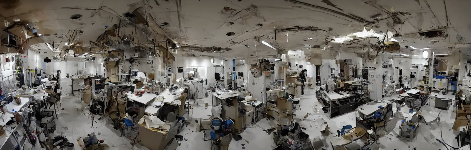 Prompt: a wide interior shot of an explosion in a lab with scientists and fire