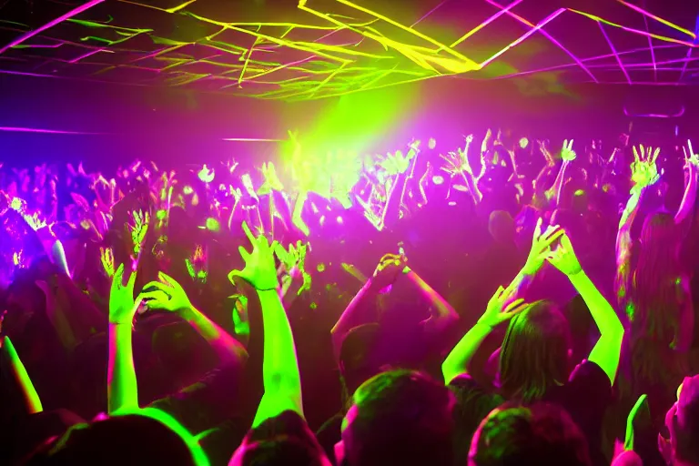 Image similar to crowd partying with their hands up at a club, volumetric lighting, glow sticks, haze, moving heads light beams, spot lights, disco ball, silhouette, digital art, trending on artstation, 4k, unreal engine, intricate, ornate