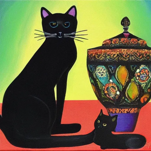 Image similar to the feline goddess bast as a black cat, oil in canvas