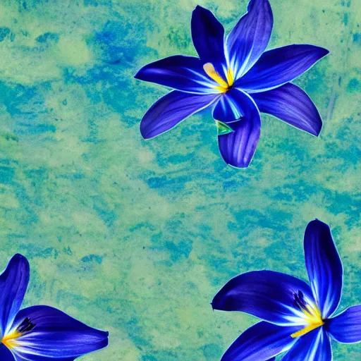 Prompt: blue lilies on a multi-colored water-color background in space