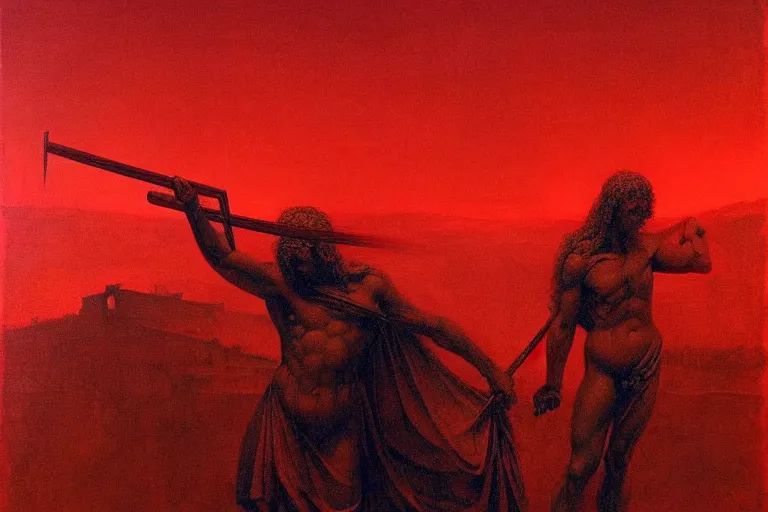 Image similar to only with red, a red melted apollo with a laurel wreath and a flaming sword announce the win, athens in the background, in the style of beksinski, part by hopper, part by rodcenko, part by hofbauer, intricate composition, red by caravaggio, insanely quality, highly detailed, masterpiece, red light, artstation