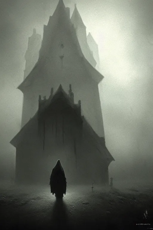 Image similar to beautiful eerie gothic fog atmosphere horror poster with a sinister looking spawn, art direction by Zdizslaw Beksinski and Darius Zawadzki, Artgerm, Artstation trending; cinematic quality character render; low angle; ultra high quality model; production quality cinema model;