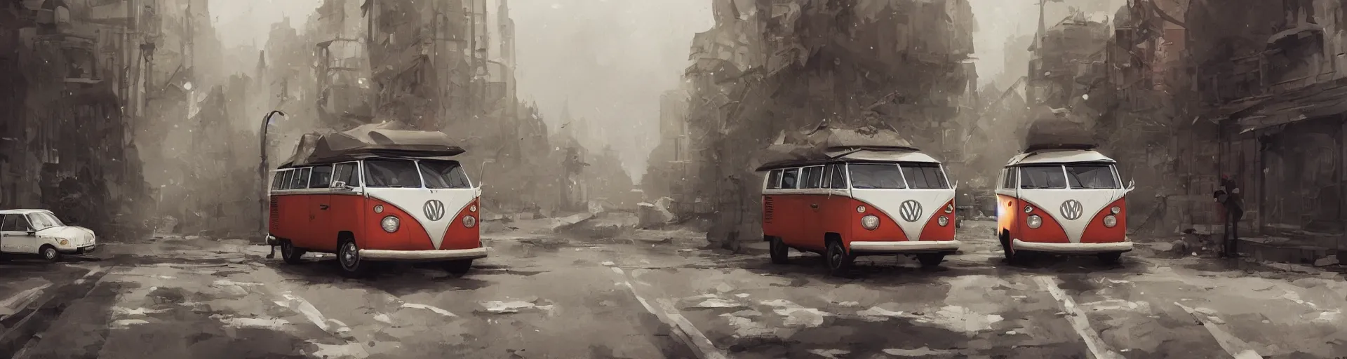 Image similar to vw bus on a street, illustration by greg rutkowski