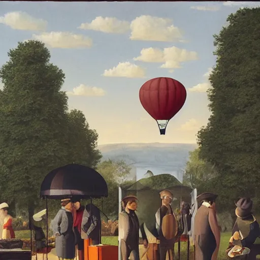 Prompt: an outdoor hot-air-balloon-museum-exhibit by Raphael, Hopper, and Rene Magritte. detailed, romantic, enchanting, trending on artstation.