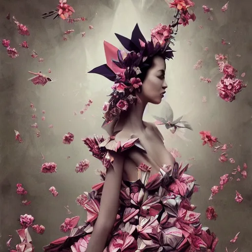 Image similar to 3 / 4 view of a beautiful girl wearing an origami dress, eye - level medium shot, fine floral ornaments in cloth and hair, hummingbirds, elegant, by eiko ishioka, givenchy, banksy, by peter mohrbacher, centered, fresh colors, origami, fashion, detailed illustration, vogue, japanese, reallusion character creator