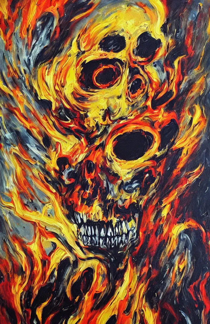 Prompt: the most intensely amazing abstract painting in the history of the universe, a flaming skull with eyeballs, it's happening baby