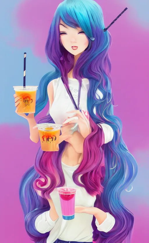 Prompt: a kawaii woman with rainbow hair, happy, summer time, holding boba tea drink, soft eyes and narrow chin, dainty figure, long hair straight down, kawaii shirt and jeans, basic white background, In style of by Jordan Grimmer and greg rutkowski, crisp lines and color