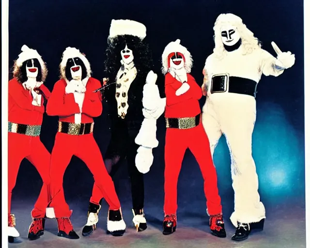 Image similar to 8 0's christmas special, featuring frosty the snowman, the band kiss, and the harlem globe trotters, frame from vhs tape