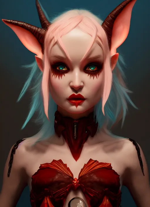 Image similar to imp demon goddess, cute elf ears, strapless dress, character portrait in the style of thomas river and artgerm, cinematic lighting, hyperdetailed, 8 k realistic, symmetrical, global illumination, radiant light,, frostbite 3 engine, cryengine, dof, trending on artstation, digital art, chanel