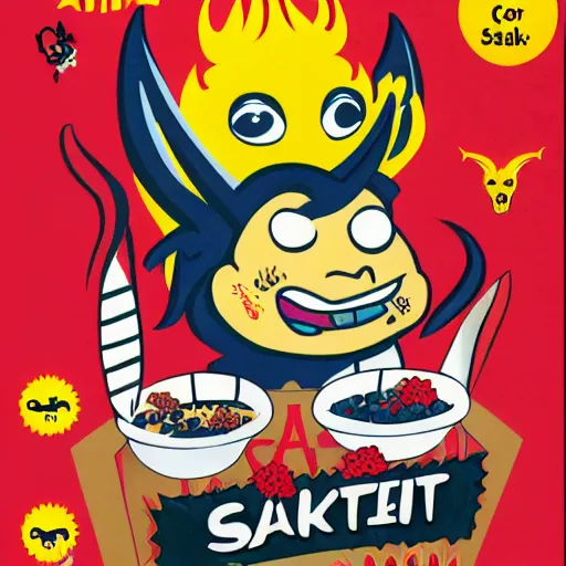 Image similar to A cereal box with Satan as the mascot.