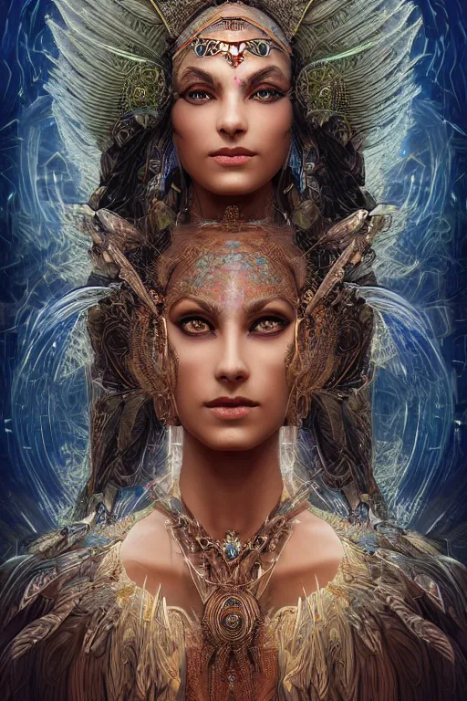 Image similar to a mystical render of a single alluring mystical tribal goddess adorned with feathers and gemstones and cables and synthesizer parts is surrounded by sacred geometry made from elven architecture, full body, gorgeous, perfect face, powerful, cinematic, beautifully lit, by artgerm, by karol bak, 3 d, trending on artstation, octane render, 8 k