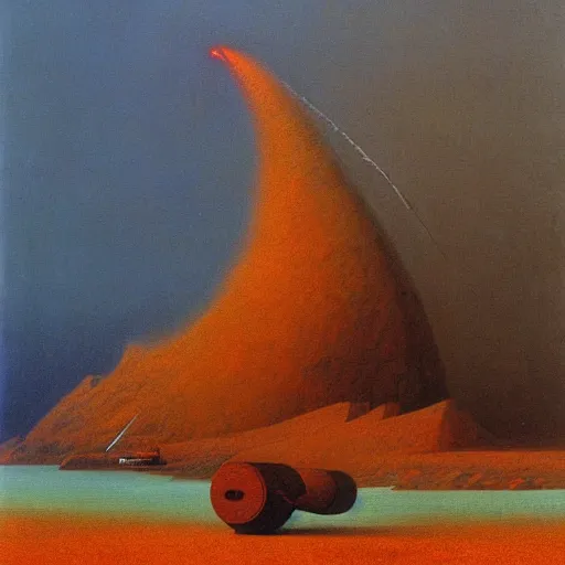 Image similar to naval cannon firing by Zdzisław Beksiński, oil on canvas