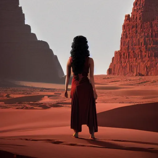 Prompt: mesopotamian woman with thick black curls and bangs character portrait standing in front of red desert cliffs intricate artwork by Tooth Wu and wlop and beeple and Dan Mumford. Octane render, trending on artstation, greg rutkowski very coherent symmetrical artwork. Cinematic, hyper realism, high detail 8k