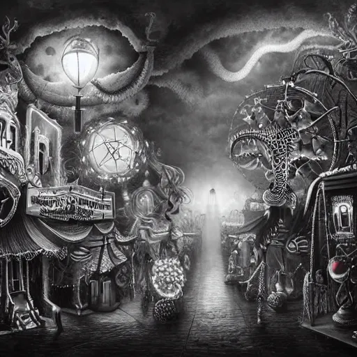 Image similar to ultra realist soft painting of a curiosities carnival by night in loveraftian universe, horror, omnious sky, deep fog, lurking tentacle, symmetry accurate features, very intricate details, black and white, volumetric light clouds