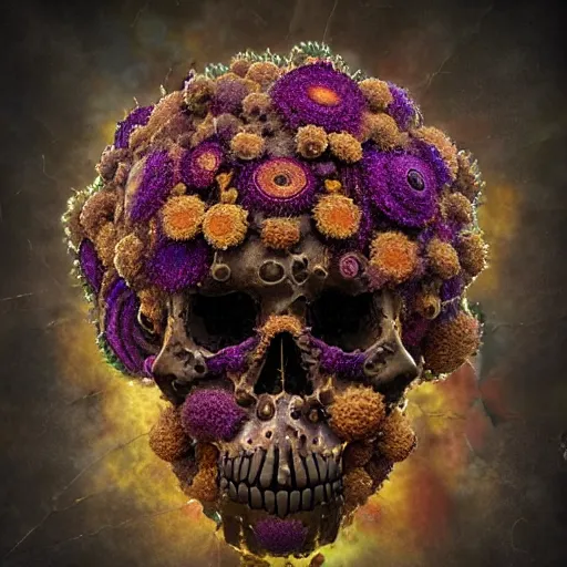 Image similar to a golden skull face african electric shaman with an afro made of flowers, third eye art art by machina infinitum, complexity from simplicity, rendered in octane, mandelbulb 3 d, ambient occlusion, macro photography, felt!!! texture, tribal, retrowave